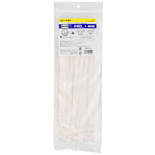 -------------------------------------------------------------- 画像はイメージです。 ※ PC環境により実際の色味や質感と異なって表示される場合がございます。 ※ 部品・パーツなどの一部の商品では本体の商品画像を使用しております。 ※ 製品の仕様・画像・パッケージは、メーカー側から予告なく変更される場合があります。 -------------------------------------------------------------- 【特長】●手軽にはずして繰り返し使用できる。●屋内用【仕様】結束径：7〜66mmループ引張強度：222N/22.6kgf難燃性(主原料)：UL94V-2使用温度範囲：-40℃〜85℃RoHS適合品サイズ：全長250mm×幅7.6mm材質：PA66/ナイロン66最低設置温度：-20℃【注意】・使用温度範囲は結束後のめやすです。・ナイロンは低温乾燥下では脆くなり折れやすくなる性質があります。・冬季の施工前には、室温に戻してからご使用ください。・低温下ではゆっくり締め付けてください。・本品は調湿処理を施していますが、開封後の乾燥に注意し早めにご使用ください。 【メーカー・ブランド】 オーム電機 / おーむでんき / OHM 【#67】