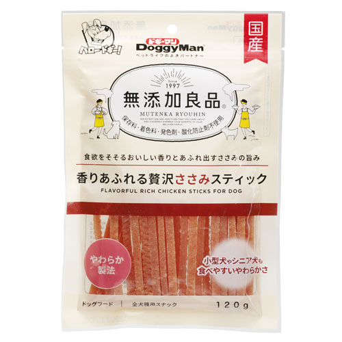 -------------------------------------------------------------- 画像はイメージです。 ※ PC環境により実際の色味や質感と異なって表示される場合がございます。 ※ 部品・パーツなどの一部の商品では本体の商品画像を使用しております。 ※ 製品の仕様・画像・パッケージは、メーカー側から予告なく変更される場合があります。 -------------------------------------------------------------- ▲商品の特性上、基本的にご返品を承ることが出来ません。何卒ご了承ください。（返品・キャンセル不可） 食欲そそる香りあふれる鶏ささみをたっぷり贅沢に使用。やわらかく食べやすいスティックに仕上げました。■ 内容量(g)120■ 原材料鶏ササミ、糖類、調味料、乳酸菌、グリセリン、ソルビトール、リン酸塩(Na、K)、ミネラル類(ナトリウム)■ 原産国日本 【発売元、製造元、輸入元又は販売元】ドギーマンハヤシ こちらの商品は、ペット用の商品です。広告文責：ナチュラルウェブ株式会社TEL：03-6423-0750※パッケージ・内容等予告なく変更する場合がございます。 【メーカー・ブランド】 DoggyMan / どぎーまん 【#119】