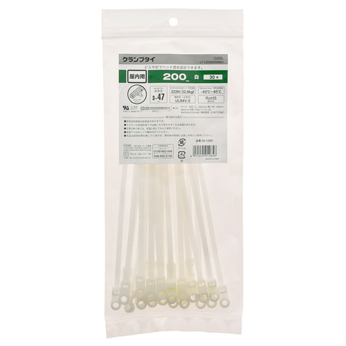 -------------------------------------------------------------- 画像はイメージです。 ※ PC環境により実際の色味や質感と異なって表示される場合がございます。 ※ 部品・パーツなどの一部の商品では本体の商品画像を使用しております。 ※ 製品の仕様・画像・パッケージは、メーカー側から予告なく変更される場合があります。 -------------------------------------------------------------- ■ ビスや釘でヘッド部を固定できます■ 屋内用【仕様】孔径：Φ5.2mm結束径：3〜47mmループ引張強度：222N/22.6kgf難燃性(主原料)：UL94V-2使用温度範囲：-40℃〜85℃RoHS適合品サイズ：全長200mm×幅4.8mm材質：PA66/ナイロン66【ご注意】※ 使用温度範囲は結束後のめやすです※ ナイロンは低温乾燥下では脆くなり折れやすくなる性質があります※ 冬季の施工前には、室温に戻してからご使用ください※ 低温下ではゆっくり締め付けてください※ 本品は調湿処理を施していますが、開封後の乾燥に注意し早めにご使用ください 【メーカー・ブランド】 オーム電機 / おーむでんき / OHM 【#67】