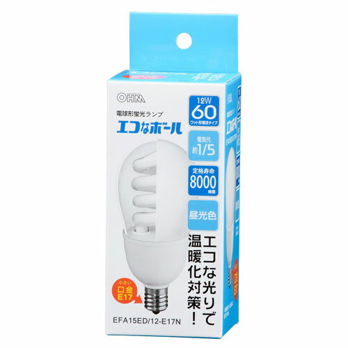 オーム電機 エコなボール 電球形蛍光灯 E17 60W相当 昼光色 EFA15ED/12-E17N
