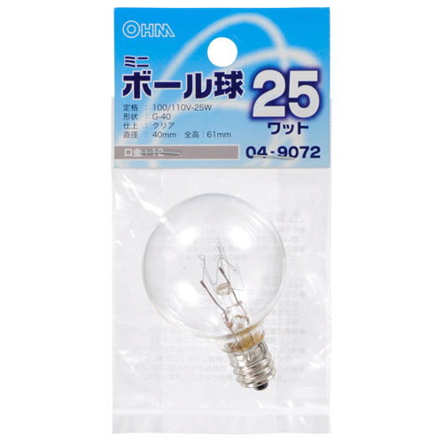 -------------------------------------------------------------- 画像はイメージです。 ※ PC環境により実際の色味や質感と異なって表示される場合がございます。 ※ 部品・パーツなどの一部の商品では本体の商品画像を使用しております。 ※ 製品の仕様・画像・パッケージは、メーカー側から予告なく変更される場合があります。 -------------------------------------------------------------- 【仕様】定格：100/110V-25W形状：G-40口金：E12色：クリア直径40×長さ61mm 【メーカー・ブランド】 オーム電機 / おーむでんき / OHM 【#67】