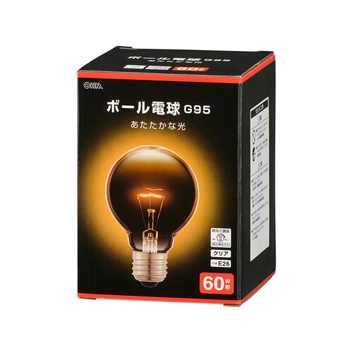 -------------------------------------------------------------- 画像はイメージです。 ※ PC環境により実際の色味や質感と異なって表示される場合がございます。 ※ 部品・パーツなどの一部の商品では本体の商品画像を使用しております。 ※ 製品の仕様・画像・パッケージは、メーカー側から予告なく変更される場合があります。 -------------------------------------------------------------- 【 特 長 】■ 口金E26、60W形の白熱ボール電球■ クリア仕上げ■ 光源色は電球色■ 調光（明るさ調節）機能対応【 仕 様 】寸法：外径95mm×全長130mm質量：53g定格消費電力：57W定格入力電流：0.57A全光束：750 lm定格寿命：2000時間エネルギー消費効率：13.1 lm/W※ 屋内用※ 交流 100V 50/60Hz 共用【ご注意】※ 紙や布でおおったり、燃えやすいものに近づけないでください。（火災や器具過熱の原因）※ 点灯中や消灯後しばらくは電球が熱いので絶対に手や肌などをふれないでください。（ヤケドの原因） 【メーカー・ブランド】 オーム電機 / おーむでんき / OHM 【#67】