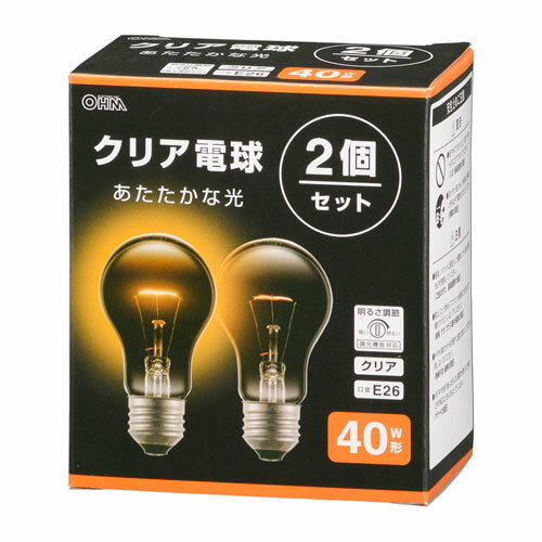 -------------------------------------------------------------- 画像はイメージです。 ※ PC環境により実際の色味や質感と異なって表示される場合がございます。 ※ 部品・パーツなどの一部の商品では本体の商品画像を使用しております。 ※ 製品の仕様・画像・パッケージは、メーカー側から予告なく変更される場合があります。 -------------------------------------------------------------- 【 特 長 】■ 口金E26、40W形白熱クリア電球■ 光源色は電球色■ 調光（明るさ調節）機能対応■ 2個セット【 仕 様 】寸法：外径55mm×全長100mm質量：26g定格消費電力：40W定格入力電流：0.40A全光束：510 lm定格寿命：1000時間エネルギー消費効率：12.7 lm/W※ 屋内用※ 交流 100V 50/60Hz 共用【ご注意】※ 紙や布でおおったり、燃えやすいものに近づけないでください。（火災や器具過熱の原因）※ 点灯中や消灯後しばらくは電球が熱いので絶対に手や肌などをふれないでください。（ヤケドの原因） 【メーカー・ブランド】 オーム電機 / おーむでんき / OHM 【#67】