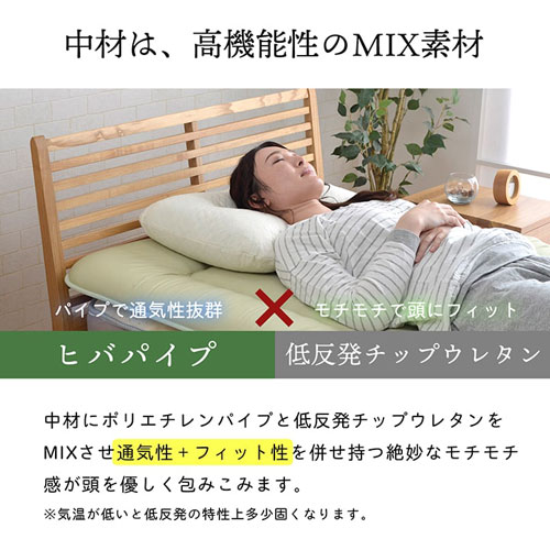 メーカー直送 イケヒコ ピロー 低反発もっちり枕 もちもち 低反発チップウレタン ひばパイプ 抗菌防臭 日本製 43×63cm 高さ普通 くぼみ [3]