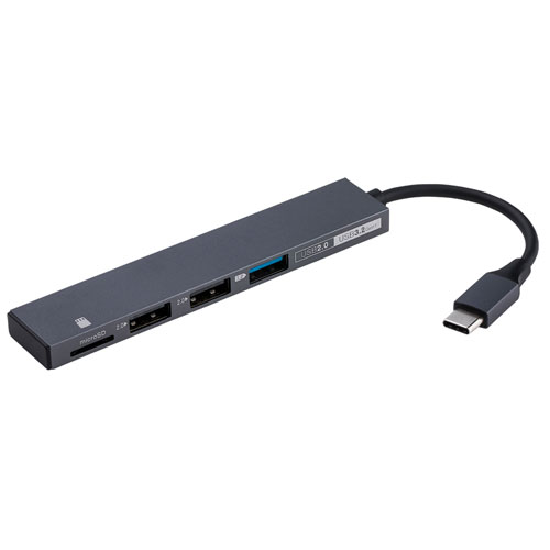ナカバヤシ Digio2 USB Type-C 極薄変換ハブ STIX USB3.2Gen1 2.0 Type-A 3ポート+カードリーダーライター グレー COM-C3MSD123GY