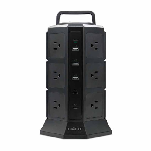 プリンストン PRINCETON 電源タップ タワー型 AC 12個口 USB 5個口 USB-C（PD3.0）×2 USB-A×3 機器最大合計出力1500W USB最大合計出力65W ブラック PPS-PD65TW