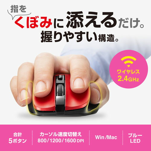 サンワサプライ ワイヤレス ブルーLEDマウス 5ボタン レッド MA-WB518R