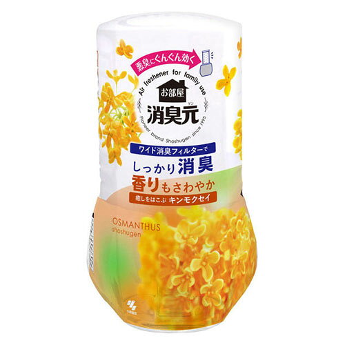 -------------------------------------------------------------- 画像はイメージです。 ※ PC環境により実際の色味や質感と異なって表示される場合がございます。 ※ 部品・パーツなどの一部の商品では本体の商品画像を使用しております。 ※ 製品の仕様・画像・パッケージは、メーカー側から予告なく変更される場合があります。 -------------------------------------------------------------- 消臭フィルターでイヤなニオイをしっかり消臭、シャバシャバすれば香り復活 ●癒しをはこぶキンモクセイ…「キンモクセイ」の香りは、庭先に咲く甘くてやわらかい花の香りを表現した、こころが癒される気分になるフルーティーフローラル調の香りです。●デコボコ加工の「ワイド消臭フィルター」が悪臭をキャッチ。イヤなニオイをしっかり消臭し、さわやかな香りを空間中に広げます。●消臭フィルターを引き上げ、好きな強さに効き目調節。開けてすぐ働く。●大容量400mLで効き目長持ち。最後の一滴まで無駄なく使い切れます。■表示成分/全成分アミノ酸系消臭剤、香料、界面活性剤(非イオン、陰イオン)■使用方法(1)ミシン目にそってはがす(2)外キャップを後ろにたおしてはずす(3)反時計まわりにまわす(4)平らな場所に置きゆっくり引き上げる(5)外キャップをしっかり閉める［使用期間］約1.5ヶ月〜3ヶ月間(消臭フィルターの引き上げ高さと使用環境により異なります)［シャバシャバで香りリフレッシュ］(1)フタを閉めてシャバシャバ(2)引き上げる【使用上の注意】本品は飲めない。小児、認知症の方などの誤飲に注意する。小児、認知症の方などの手の届くところには置かない。安定した場所に置き、倒れたまま放置しない。外キャップだけで本品を持ち上げない。液がこぼれるので横・斜めにしない。液がつくとシミや変色、変形の原因となる場合があるので、すぐに拭き取る。用途以外に使用しない。直射日光のあたる所、高温の場所に置かない。変色・変質することがある。［応急処置］液体が目に入った場合は、すぐに流水で洗い流す。消臭フィルターの調節時や分別廃棄の際、液体が手についた場合はよく洗う。飲んだ場合は、吐かせずにコップ1〜2杯の水を飲ませる。気分が悪くなったときは、使用を中止する。異常がある場合は本品を持参し、医師に相談する。■原産国日本 【メーカー・ブランド】 こばやしせいやく / コバヤシセイヤク 【#194】　