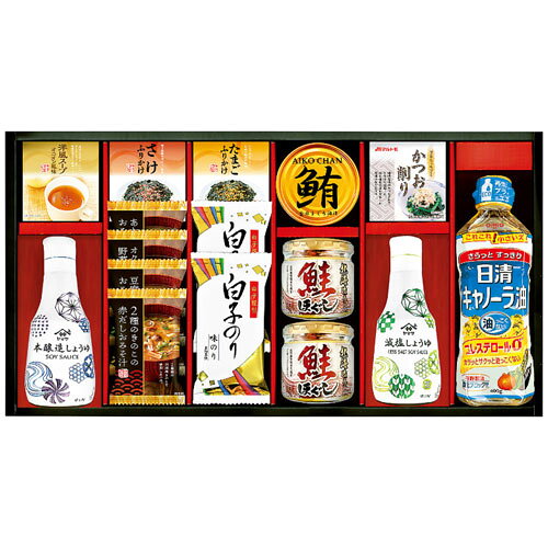 -------------------------------------------------------------- 画像はイメージです。 ※ PC環境により実際の色味や質感と異なって表示される場合がございます。 ※ 部品・パーツなどの一部の商品では本体の商品画像を使用しております。 ※ 製品の仕様・画像・パッケージは、メーカー側から予告なく変更される場合があります。 -------------------------------------------------------------- ▲商品の特性上、基本的にご返品を承ることが出来ません。何卒ご了承ください。（返品・キャンセル不可） しょうゆの酸化を防ぐ鮮度ボトルでおいしさ長持ち。開封後も常温保存で90日間酸化を防いでしょうゆの鮮度を保つ二重構造のソフトボトルで、押しながら一滴ずつ調節して使える料理の「つけ」「かけ」に便利なヤマサしょうゆに、フリーズドライやご飯のお供とのセットをお楽しみください■サイズ・内容ヤマサ鮮度しょうゆ200ml・ヤマサ鮮度減塩しょうゆ200ml・日清キャノーラ油400g各1本・とうふと油揚げのおみそ汁9.2g・2種のきのこの赤だしおみそ汁7.1g・あおさとわかめのおみそ汁6g・オクラ入ねばねば野菜スープ5.8g各1袋・丸美屋たまごふりかけ(2.5g×3袋)・丸美屋さけふりかけ(2.5g×3袋)・丸美屋洋風スープオニオン風味(2.5g×3袋)・マルトモかつおパック(0.7g×3袋)各1箱・白子のり味のり(8切5枚)2袋・まぐろ油漬け70g×1缶・鮭ほぐし50g×2瓶■重さ2040g■賞味期間製造日より常温約360日 本品には枠内が黒で塗られたアレルギー物質が含まれています。 小麦 そば えび かに 卵 乳成分 豚肉 鶏肉 牛肉 いか さけ さば いくら あわび 落花生 カシューナッツ くるみ 大豆 やまいも ごま アーモンド まつたけ りんご オレンジ バナナ もも キウイ ゼラチン 米 マカダミアナッツ 魚介類 【#134】　