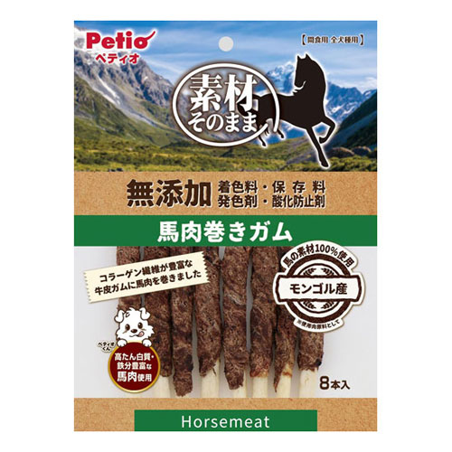 -------------------------------------------------------------- 画像はイメージです。 ※ PC環境により実際の色味や質感と異なって表示される場合がございます。 ※ 部品・パーツなどの一部の商品では本体の商品画像を使用しております。 ※ 製品の仕様・画像・パッケージは、メーカー側から予告なく変更される場合があります。 -------------------------------------------------------------- ▲商品の特性上、基本的にご返品を承ることが出来ません。何卒ご了承ください。（返品・キャンセル不可） 高たん白質・鉄分豊富な馬肉使用。噛み応え抜群で、噛めば噛むほど馬肉の旨味が楽しめます。着色料・保存料・発色剤・酸化防止剤・無添加。■ 給与方法愛犬の健康状態、年齢、運動量を考慮したうえで、パッケージ記載の給与量を目安に1日1〜2回に分けてお与えください。■ 原材料肉類(馬・馬レバー)、牛皮、加工でんぷん、グリセリン、ソルビトール■ 保証成分たん白質30.0％以上、脂質6.5％以上、粗繊維0.5％以下、灰分3.0％以下、水分20.0％以下■ エネルギー364kcal/100g■ 賞味期限18ヶ月■ 生産地中国■ 注意・本商品は犬用で、間食用です。主食として与えないでください。・1歳未満の幼犬は消化器官が未発達なため、与えないでください。・犬の食べ方や習性によっては、のどに詰らせることがありますので必ず観察しながらお与えください。・パッケージ記載の与え方の給与量、および保存方法はお守りください。・子供がペットに与える場合は、大人が立ち会ってください。・幼児、子供、ペットのふれない所に保管して下さい。・品質保持のための脱酸素剤は無害ですが食べ物ではありません。・また開封後に発熱する場合がありますが、問題ありません。・消化不良など愛犬の体調が変わった場合は獣医師にご相談ください。・表面に白い粉が析出する場合がありますが、原料に含まれる成分(アミノ酸等)で、品質には問題ありません。・製品の一部や袋の中に水分や油脂分が付着する場合がありますが、品質に問題ありません。・本品は天然素材を使用しておりますので色、におい、形状、サイズ、硬さ、巻き具合などにバラツキがあります。・製品中に見られる白っぽい部分は筋や軟骨です。・また黒色や赤褐色の部分は肉原料由来のものです。 【発売元、製造元、輸入元又は販売元】株式会社ペティオ こちらの商品は、ペット用の商品です。広告文責：ナチュラルウェブ株式会社TEL：03-6423-0750※パッケージ・内容等予告なく変更する場合がございます。 【メーカー・ブランド】 petio / ぺてぃお 【#119】　