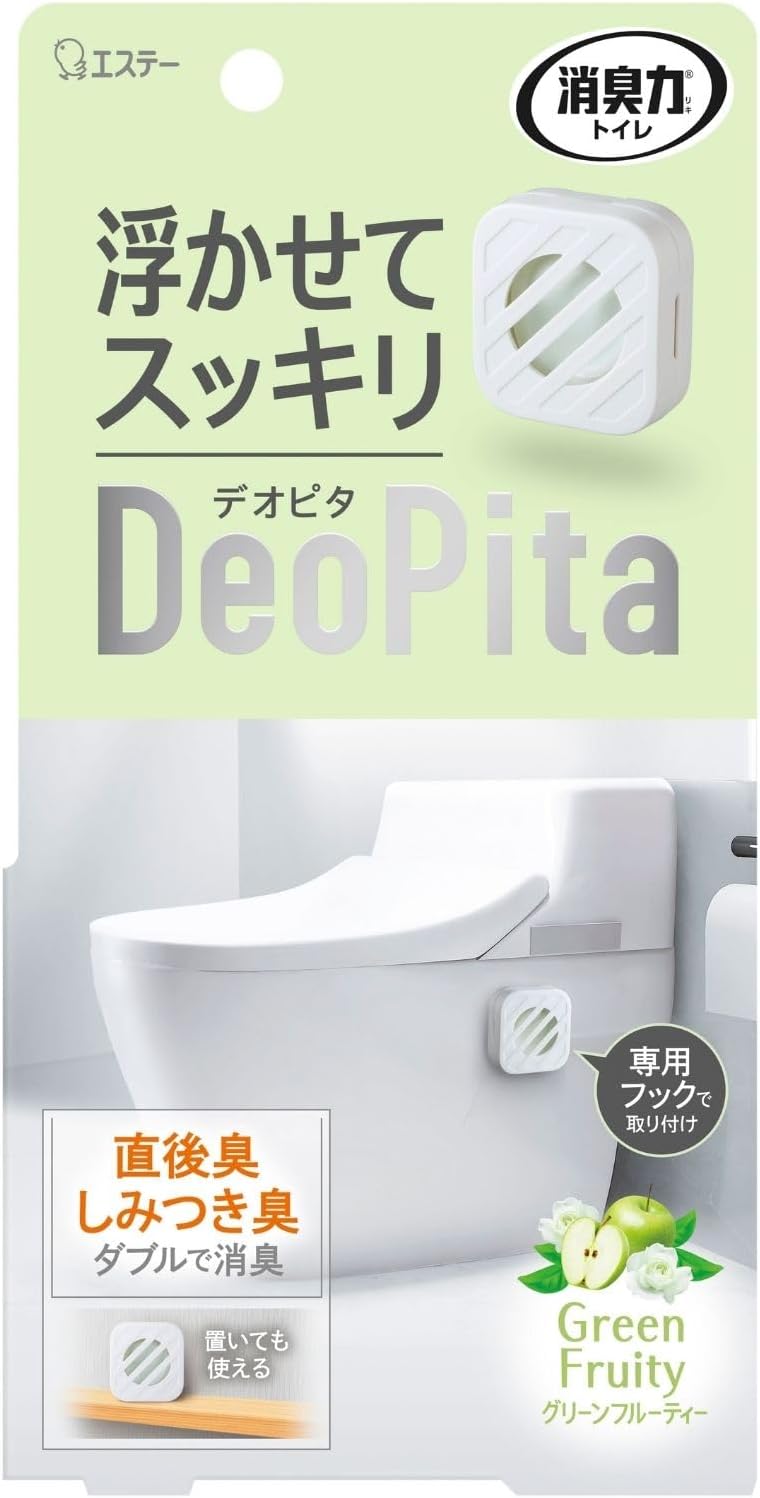 -------------------------------------------------------------- 画像はイメージです。 ※ PC環境により実際の色味や質感と異なって表示される場合がございます。 ※ 部品・パーツなどの一部の商品では本体の商品画像を使用しております。 ※ 製品の仕様・画像・パッケージは、メーカー側から予告なく変更される場合があります。 -------------------------------------------------------------- 浮かせてスッキリ。どこでもピタッと！直後臭も壁床しみつき臭もダブルで消臭＆防臭 ●「瞬間」と「継続」2つの消臭パワーを凝縮。●用を足した直後の気になる便のニオイを瞬間的に防ぐだけでなく、トイレに漂うニオイや、壁や床のしみつき臭まで継続的に消臭・防臭します。※使用環境によっては効果を感じにくい場合があります。●貼って浮かせても&置いても目立たずスッキリ。●粘着タブ付き専用フックで簡単取り付け。薄型なのでトイレになじんで目立ちません。●どこでもちょこんと置きやすいコンパクトサイズ。●つけかえタイプなのでゴミの量を削減できます。「消臭力DeoPitaトイレ用つけかえ」(別売り)をご使用ください。「消臭力コンパクトトイレ用つけかえ」も本品に使用できます。●容器横の窓から液の残量が確認できます。●アップルやフローラルが明るく弾ける爽やかなグリーンフルーティーの香り。●使用期間…約8週間。※季節や使用状況により異なります。■表示成分/全成分香料、溶剤■使用方法(1)容器を開き、カプセルを取り出す。(2)白いシートは取り出さない。液体カプセル裏面の透明フィルムのみを、開封口からゆっくり全て剥がす。(3)液体カプセルの開封口を上向きにして容器をセットする。※正面窓部からは白いシートが見えます。(4)置いて使う場合…開閉部分を必ず上向きにして置く。壁等から5cm以上離す。※貼って使う場合は下部の使用方法を参照。［便器や壁に取り付ける場合の使用方法］フックを剥がすと再使用できない。(1)設置面の汚れや見えない埃、水分を乾いた布で必ず拭いて完全に乾かす。※使用時に容器正面から5cm以上空間を確保できる箇所を選ぶ。(2)フック背面のタブから剥離フィルムを剥がす。※タブは剥がさずフィルムのみ剥がす。(3)タブを上向きにして、イラストのフックの星部分を設置面に5秒以上押し付ける。(4)容器下部をフックに引っ掛ける。※壁等から5cm以上離す。［フック廃棄時の取り外し方］取り外すと再使用できない。フックは指でつまむ。※フックが勢いよく外れるのを防ぐため。タブのみを設置面に沿ってゆっくり上に引き抜き取る。(タブが伸びきって抜けるとフックが外れる。)※フックを無理に手前に剥がすと面を傷める。【使用上の注意】使用期間中はこのパッケージを保管してください本品は飲めない。幼児の手の届くところに置かない。火気の近くで保管及び使用しない。倒したり、天井に貼るなど極端に傾けた状態で使用しない。便器のフタ裏等の便器内に落ちる可能性がある場所に設置しない。液体をこぼした場合はすぐに拭き取る。(塗装面やプラスチックがシミになったり、変色、変形したりする場合がある。)製品正面側を壁や家具等から5cm以上離して使用する。10度以下の場所では、フックの粘着面をドライヤーなどで温めてから貼る。フックを取り外した際、まれに貼った面に変色やシミ跡が残る場合がある。フックを剥がす時はゆっくり剥がす。無理に強く剥がすとフックや貼った面が破損する可能性がある。粘着力が低下するため剥がしたフックは再使用できない。高温になるところや直射日光の当たる場所で保管・使用しない。用途以外に使用しない。仕様上少量の液が残るため、液が減って香りが弱くなったらつけかえる。フックの貼り付けができない箇所(貼れない場合や設置面が破れる恐れがあります。)ビニル製(※1)以外の壁紙、撥水・防汚加工等の特殊加工した壁紙、壁紙の継ぎ目や浮き・汚れ・穴の開いている箇所、土壁、漆喰壁、シリコン面、曲面、凹凸のある面、ザラザラした面。廃棄の際は地域の規則に従って捨てる。［応急処置］万一、液体が目に入った場合はすぐに流水で充分に洗う。皮フについた場合は、石けんで充分に洗う。誤って飲んだ場合は、吐かせずすぐに口をすすぎコップ1〜2杯程度の水を飲ませる。いずれも異常のある時は医師に相談する。※1…ビニルクロス・塩ビ壁紙■原産国台湾 【メーカー・ブランド】 エステー / えすてー 【#194】　