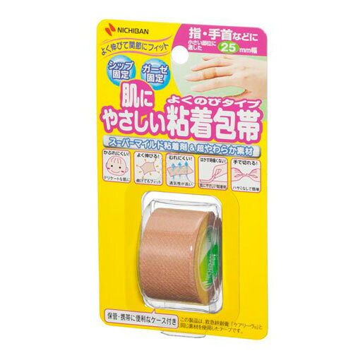 -------------------------------------------------------------- 画像はイメージです。 ※ PC環境により実際の色味や質感と異なって表示される場合がございます。 ※ 部品・パーツなどの一部の商品では本体の商品画像を使用しております。 ※ 製品の仕様・画像・パッケージは、メーカー側から予告なく変更される場合があります。 -------------------------------------------------------------- 肌にやさしく、よく伸びてフィットする粘着包帯スーパーマイルド粘着剤でかぶれにくく、超柔らか素材ではがす時に痛くなりません。ハサミなしで手で簡単に切ることができ、シップやガーゼ固定に最適です。小さい部位に適した25mm幅タイプ。保管・携帯に便利なケース付き。■原産国日本 【使用方法】手やハサミなどで必要な長さにカットし、テープを伸ばさず静かに置くように貼ってください。【使用上の注意】皮ふを清潔にし、よく乾かしてからご使用ください。キズぐちには直接貼らないでください。皮ふ刺激の原因となりますので、引っ張らずに(伸ばさずに)貼ってください。本品の使用により発疹・発赤、かゆみ等が生じた場合は使用を中止し、医師又は薬剤師に相談してください。皮ふを痛めることがありますので、はがす時は、体毛の流れに沿ってゆっくりはがしてください。シップ剤を固定する場合には、長時間(各シップ剤の用法以上)貼らないようにしてください。また、貼りかえる時には、テープは同じ位置に続けて貼らず、少しずらして貼るようにしてください。 【メーカー・ブランド】 NICHIBAN / にちばん 【#194】　