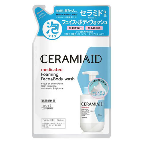 -------------------------------------------------------------- 画像はイメージです。 ※ PC環境により実際の色味や質感と異なって表示される場合がございます。 ※ 部品・パーツなどの一部の商品では本体の商品画像を使用しております。 ※ 製品の仕様・画像・パッケージは、メーカー側から予告なく変更される場合があります。 -------------------------------------------------------------- 敏感肌・赤ちゃんにも使える無添加(※1)薬用処方のボディウォッシュ。●たっぷりきめ細かい泡で摩擦感なくしっとりなめらかな肌へ。●肌にやさしいアミノ酸系洗浄成分使用。●お得なつめかえ用※1…無香料・無着色・パラベンフリー・アルコール(エチルアルコール)フリー・サルフェート(硫酸系)フリー■表示成分/全成分有効成分…グリチルリチン酸ジカリウムその他の成分…精製水、1,3-ブチレングリコール、N-ヤシ油脂肪酸アシル-L-グルタミン酸トリエタノールアミン液、ラウリルジメチルアミノ酢酸ベタイン、テトラデセンスルホン酸ナトリウム液、トリメチルグリシン、濃グリセリン、2-メタクリロイルオキシエチルホスホリルコリン・メタクリル酸ブチル共重合体液、L-グルタミン酸、グリセリル-N-(2-メタクリロイルオキシエチル)カルバメート・メタクリル酸ステアリル共重合体、炭酸水素ナトリウム、フェノキシエタノール■使用方法手のひらに適量(1〜2プッシュずつ)をとり、やさしくなでるように洗い、そのあとよくすすいでください。1回の使用量は3〜5プッシュが目安です。■使用上の注意直接水がかかる状態でポンプを押さないでください。容器を振ったり、傾けた状態で使用すると泡にならない、またはポンプが押せなくなります。高温または低温のところ、日のあたるところには置かないでください。製品の特性上、沈殿が出ることがありますが、品質には問題ありません。必ず、使い終わったセラミエイド 薬用 フェイス&ボディウォッシュのボトルにつめかえてください。雑菌の混入を防ぐため、ボトルやポンプは洗わずにつめかえてください。洗った場合はよく乾かしてください。中身を使い切ってから全量をつめかえてください。水や他の製品と混ぜないでください。衛生的にお使いいただくため、3回程度つめかえたあとは、新しい本体ボトルをお求めいただくことをおすすめします。■原産国日本 【発売元、製造元、輸入元又は販売元】コーセーコスメポート 商品区分：医薬部外品広告文責：ナチュラルウェブ株式会社TEL：03-6423-0750※パッケージ・内容等予告なく変更する場合がございます。 【メーカー・ブランド】 KOSE / こーせー 【#194】　