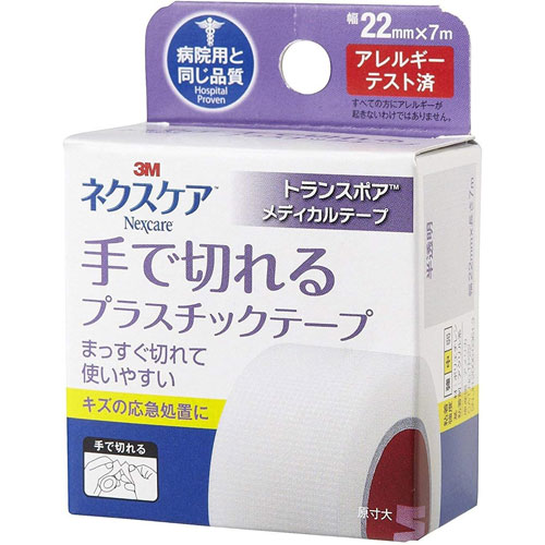 -------------------------------------------------------------- 画像はイメージです。 ※ PC環境により実際の色味や質感と異なって表示される場合がございます。 ※ 部品・パーツなどの一部の商品では本体の商品画像を使用しております。 ※ 製品の仕様・画像・パッケージは、メーカー側から予告なく変更される場合があります。 -------------------------------------------------------------- 手で切れるプラスチックテープ22mmはさみが無くても手ですばやく切れるので、旅行や外出先での応急処置などに適したテープです。病院で使用されいる3Mトランスポアサージカルテープを家庭用として製品化しました■使用上の注意・傷口や異常のある皮膚に直接貼らないで下さい ・粘着製品により、皮膚トラブルを起こしやすい方は事前に医師又は薬剤師にご相談下さい ・貼る前に皮膚を清潔にしよく乾かして下さい ・テープや皮膚をひっぱらずに貼り、上からおさえて下さい ・固定力が必要な用途では十分に注意してお使い下さい ・本品の使用により発疹、発赤、かゆみなどの症状が現れた場合には使用を中止し医師または薬剤師に相談して下さい ・剥がす時に皮膚を傷めないようテープを折り返し、皮膚が持ち上がらないように手で押さえながら体毛の方向に逆らわずにゆっくりはがして下さい■原産国アメリカ合衆国 【メーカー・ブランド】 住友スリーエム / すりーえむ / 3M 【#194】　