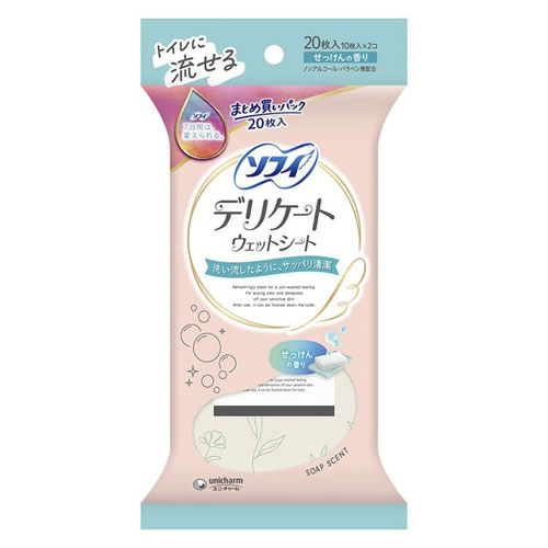 -------------------------------------------------------------- 画像はイメージです。 ※ PC環境により実際の色味や質感と異なって表示される場合がございます。 ※ 部品・パーツなどの一部の商品では本体の商品画像を使用しております。 ※ 製品の仕様・画像・パッケージは、メーカー側から予告なく変更される場合があります。 -------------------------------------------------------------- 洗い流したように、サッパリ清潔。 ●デリケートウェットは、髪の毛の1/1000の超極細繊維配合で、デリケートな肌のニオイまで洗い流したようにサッパリ清潔に保てます。●ポーチにすっぽり入るコンパクトサイズです。●使い終わった後も、トイレにそのまま流せて後処理も簡単です。■表示成分/全成分水、DPG、PEG-60水添ヒマシ油、フェノキシエタノール、ヒドロキシプロピルシクロデキストリン、ポリアミノプロビルビグアニド、ブチルカルバミン酸ヨウ化プロピニル、EDTA-2Na、香料【使用上の注意】トイレの詰まりを避けるため、1枚ずつ流してください。トイレに流す場合は「大」の水流で流してください。お肌に異常が生じていないかよく注意して使用してください。お肌に合わない時(使用中、赤み、はれ、かゆみ等の異常が現れた場合)は、ご使用をおやめください。そのまま使用を続けますと、症状を悪化させることがありますので、医師にご相談ください。匂いにより気分が悪くなった場合は使用を中止してください。乳幼児には使用しないでください。お肌に異常(腫物、湿疹等)がある場合はご使用を中止し、医師に相談してください。香り移りにご注意ください。使用後は中身の乾燥を防ぐためシールをしっかり閉めてください。小さなお子様の手の届かないところで保管してください。直射日光があたる場所や高温になる場所は避けて保管してください。目および傷口には使用しないでください。衛生上、一度使用されたシートの再使用はやめてください。※一部に植物由来の原料を使用したインキを使用しております。■原産国日本 【発売元、製造元、輸入元又は販売元】ユニ・チャーム 商品区分：化粧品広告文責：ナチュラルウェブ株式会社TEL：03-6423-0750※パッケージ・内容等予告なく変更する場合がございます。 【メーカー・ブランド】 unicharm / ゆにちゃーむ 【#194】　