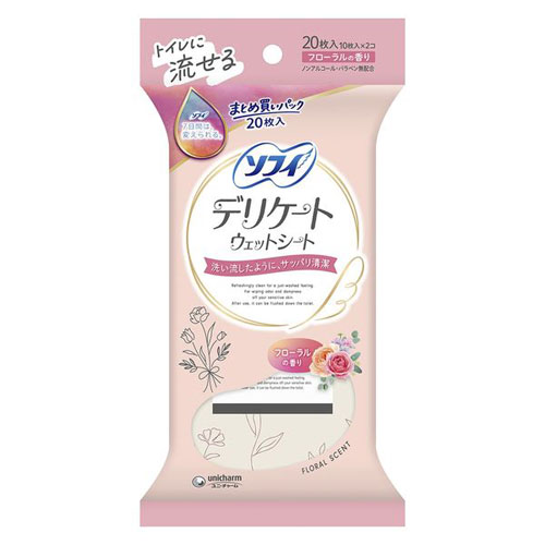 -------------------------------------------------------------- 画像はイメージです。 ※ PC環境により実際の色味や質感と異なって表示される場合がございます。 ※ 部品・パーツなどの一部の商品では本体の商品画像を使用しております。 ※ 製品の仕様・画像・パッケージは、メーカー側から予告なく変更される場合があります。 -------------------------------------------------------------- 洗い流したように、サッパリ清潔。 ●デリケートウェットは、髪の毛の1/1000の超極細繊維配合で、デリケートな肌のニオイまで洗い流したようにサッパリ清潔に保てます。●ポーチにすっぽり入るコンパクトサイズです。●使い終わった後も、トイレにそのまま流せて後処理も簡単です。■表示成分/全成分水、DPG、PEG-60水添ヒマシ油、フェノキシエタノール、ヒドロキシプロピルシクロデキストリン、ポリアミノプロビルビグアニド、ブチルカルバミン酸ヨウ化プロピニル、EDTA-2Na、香料【使用上の注意】トイレの詰まりを避けるため、1枚ずつ流してください。トイレに流す場合は「大」の水流で流してください。お肌に異常が生じていないかよく注意して使用してください。お肌に合わない時(使用中、赤み、はれ、かゆみ等の異常が現れた場合)は、ご使用をおやめください。そのまま使用を続けますと、症状を悪化させることがありますので、医師にご相談ください。匂いにより気分が悪くなった場合は使用を中止してください。乳幼児には使用しないでください。お肌に異常(腫物、湿疹等)がある場合はご使用を中止し、医師に相談してください。香り移りにご注意ください。使用後は中身の乾燥を防ぐためシールをしっかり閉めてください。小さなお子様の手の届かないところで保管してください。直射日光があたる場所や高温になる場所は避けて保管してください。目および傷口には使用しないでください。衛生上、一度使用されたシートの再使用はやめてください。※一部に植物由来の原料を使用したインキを使用しております。■原産国日本 【発売元、製造元、輸入元又は販売元】ユニ・チャーム 商品区分：化粧品広告文責：ナチュラルウェブ株式会社TEL：03-6423-0750※パッケージ・内容等予告なく変更する場合がございます。 【メーカー・ブランド】 unicharm / ゆにちゃーむ 【#194】　