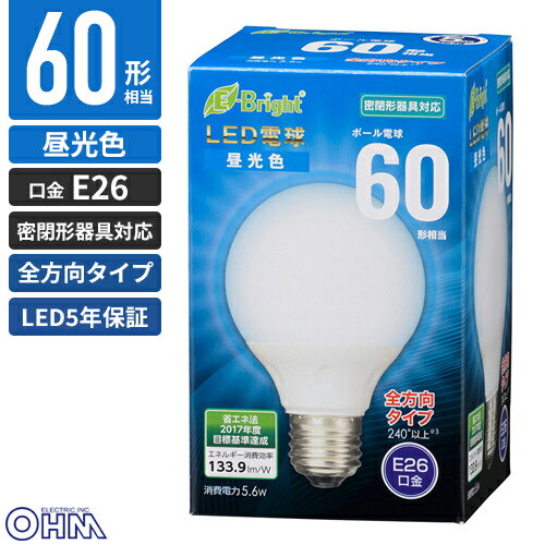 オーム電機 LED電球 ボール電球形 E26 60形相当 全方向 昼光色 LDG6D-G 7AG20