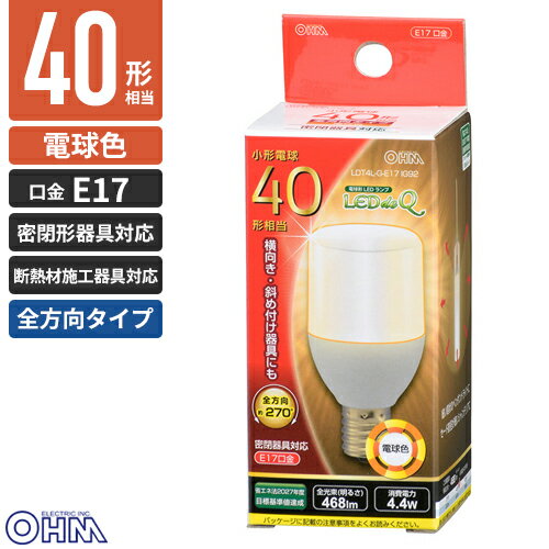 オーム電機 LED電球 T形 E17 40W形相当 電球色 全方向タイプ 断熱材施工器具 LDT4L-G-E17 IG92 その1