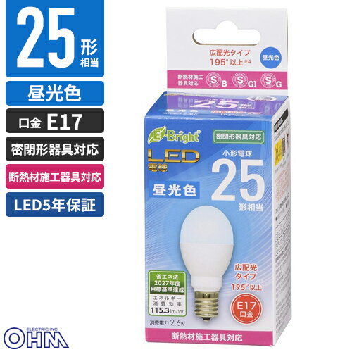-------------------------------------------------------------- 画像はイメージです。 ※ PC環境により実際の色味や質感と異なって表示される場合がございます。 ※ 部品・パーツなどの一部の商品では本体の商品画像を使用しております。 ※ 製品の仕様・画像・パッケージは、メーカー側から予告なく変更される場合があります。 -------------------------------------------------------------- ■小形電球25形相当の明るさ■配光角195°以上の広配光タイプ■密閉形器具対応■断熱材施工器具対応(SB・SGI・SG形表示器具)■省エネ法2027年度目標基準達成■昼光色■口金：E17■LED5年保証対象商品【仕様】寸法：全長…78mm、最大径…35mm質量：47g定格消費電力：2.6W定格入力電流：47.0mA全光束：290lmエネルギー消費効率：115.3lm/W平均演色評価数：Ra82定格寿命：40000h※屋内専用(屋外使用禁止)※交流電源 100V 50/60Hz【注意】次のような器具には使用できません。・調光機能のついた器具(100％点灯でも使用不可)・誘導灯、非常用照明器具・水銀灯器具など・水滴などがかかる場所・直流電源・このほか使用器具の種類によって寸法的、熱的、その他の状況(リモコン機器のついた器具など)により使用できない場合があります。・ご使用になられる照明器具の構造によっては、放熱不良で短寿命となることがあります。・密閉器具でのご使用の場合、器具の寸法により、使用できない場合や寿命が短くなる場合があります。 【メーカー・ブランド】 オーム電機 / おーむでんき / OHM 【#67】
