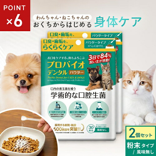 -------------------------------------------------------------- 画像はイメージです。 ※ PC環境により実際の色味や質感と異なって表示される場合がございます。 ※ 部品・パーツなどの一部の商品では本体の商品画像を使用しております。 ※ 製品の仕様・画像・パッケージは、メーカー側から予告なく変更される場合があります。 -------------------------------------------------------------- こちらの商品はネコポスでの発送となります。※その他商品と同梱で税込5,980円未満の場合は、別途送料が掛かります。 ▲商品の特性上、基本的にご返品を承ることが出来ません。何卒ご了承ください。（返品・キャンセル不可） ■ 2個セット自然でやさしいオーラルケア飲みやすいパウダータイプです。付属スプーンが入っているので、一回分が取分けやすくて便利です。粒タイプが苦手な子や、ネコちゃんに人気の商品です。歯磨きできる子には、オーラルケア時の粉末使用が人気。水に溶かして与える場合は、朝溶かして夕方与えるか、夜溶かして翌朝与えることも良い方法です。■ 原材料(成分)エリスリトール、乳酸菌・酵母の共生発酵産物、口腔善玉菌(StreptococcussalivariusK12)、口腔善玉菌(StreptococcussalivariusM18)、結晶セルロース、甘味料(ステビア)■ 保証成分粗たんぱく質1％以上、粗脂肪0.1％以上、粗繊維20.6％以下、粗灰分0.4％以下、水分5.2％以下■給与方法1日あたり、下記の量を目安に与えてください。・体重8kg以下：245mg(付属スプーン摺り切り1杯)・体重8〜16kg以下：490mg(同2杯)・体重16kg超：735mg(同3杯)■ 賞味/使用期限(未開封)36ヶ月■ 原産国または製造地日本 【発売元、製造元、輸入元又は販売元】プレミアモード こちらの商品は、ペット用の商品です。広告文責：ナチュラルウェブ株式会社TEL：03-6423-0750※パッケージ・内容等予告なく変更する場合がございます。 プロバイオデンタル プレミアモード 犬 猫 小動物 ペット デンタルケア デンタルパウダー 口腔ケア オーラルケア 口臭ケア 歯磨き 粉末歯磨き 乳酸菌 口腔善玉菌 善玉菌 菌活 パウダー 粉末 ごはんにかける ご飯に混ぜる 水に混ぜる 飲み水 無風味 歯磨き苦手 簡単 毎日 【#137】＼　今すぐ使えるクーポン　／ 200 円 OFF クーポンを受け取る