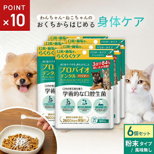 -------------------------------------------------------------- 画像はイメージです。 ※ PC環境により実際の色味や質感と異なって表示される場合がございます。 ※ 部品・パーツなどの一部の商品では本体の商品画像を使用しております。 ※ 製品の仕様・画像・パッケージは、メーカー側から予告なく変更される場合があります。 -------------------------------------------------------------- こちらの商品はネコポスでの発送となります。※その他商品と同梱で税込5,980円未満の場合は、別途送料が掛かります。 ▲商品の特性上、基本的にご返品を承ることが出来ません。何卒ご了承ください。（返品・キャンセル不可） ■ 6個セット自然でやさしいオーラルケア飲みやすいパウダータイプです。付属スプーンが入っているので、一回分が取分けやすくて便利です。粒タイプが苦手な子や、ネコちゃんに人気の商品です。歯磨きできる子には、オーラルケア時の粉末使用が人気。水に溶かして与える場合は、朝溶かして夕方与えるか、夜溶かして翌朝与えることも良い方法です。■ 原材料(成分)エリスリトール、乳酸菌・酵母の共生発酵産物、口腔善玉菌(StreptococcussalivariusK12)、口腔善玉菌(StreptococcussalivariusM18)、結晶セルロース、甘味料(ステビア)■ 保証成分粗たんぱく質1％以上、粗脂肪0.1％以上、粗繊維20.6％以下、粗灰分0.4％以下、水分5.2％以下■給与方法1日あたり、下記の量を目安に与えてください。・体重8kg以下：245mg(付属スプーン摺り切り1杯)・体重8〜16kg以下：490mg(同2杯)・体重16kg超：735mg(同3杯)■ 賞味/使用期限(未開封)36ヶ月■ 原産国または製造地日本 【発売元、製造元、輸入元又は販売元】プレミアモード こちらの商品は、ペット用の商品です。広告文責：ナチュラルウェブ株式会社TEL：03-6423-0750※パッケージ・内容等予告なく変更する場合がございます。 プロバイオデンタル プレミアモード 犬 猫 小動物 ペット デンタルケア デンタルパウダー 口腔ケア オーラルケア 口臭ケア 歯磨き 粉末歯磨き 乳酸菌 口腔善玉菌 善玉菌 菌活 パウダー 粉末 ごはんにかける ご飯に混ぜる 水に混ぜる 飲み水 無風味 歯磨き苦手 簡単 毎日 【#137】＼　今すぐ使えるクーポン　／ 1400 円 OFF クーポンを受け取る