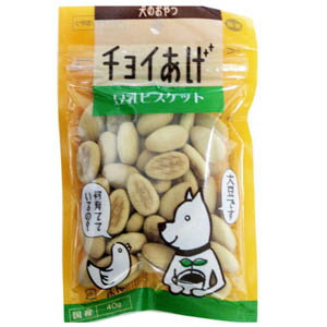 -------------------------------------------------------------- 画像はイメージです。 ※ PC環境により実際の色味や質感と異なって表示される場合がございます。 ※ 部品・パーツなどの一部の商品では本体の商品画像を使用しております。 ※ 製品の仕様・画像・パッケージは、メーカー側から予告なく変更される場合があります。 -------------------------------------------------------------- ▲商品の特性上、基本的にご返品を承ることが出来ません。何卒ご了承ください。（返品・キャンセル不可） ●「チョイあげ」シリーズ ●人気の豆乳ビスケット ●ちょっとした、お出かけやお散歩に ●チャックの付いた袋で保存に便利です。 【給与方法】 ・給与の目安(1日当たり) 体重1〜3kg・・・6コ以内 3〜5kg・・・14コ以内 5〜10kg・・・20コ以内 10〜15kg・・・35コ以内 15kg〜・・・45コ以内 【チョイあげ 豆乳ビスケットの原材料】 小麦粉、上白糖、豆乳、ショートニング、液全卵、果糖ブドウ糖液糖、オリゴ糖、きな粉、食塩、膨張剤、炭酸Ca、ビタミンEオイル 【成分】 粗タンパク質・・・7.0％以上 粗脂肪・・・8.0％以上 粗繊維・・・0.5％以下 粗灰分・・・1.8％以下 水分・・・10.0％以下 エネルギー・・・405kcaL／100g 【原産国】日本 【発売元、製造元、輸入元又は販売元】わんわん こちらの商品は、ペット用の商品です。広告文責：ナチュラルウェブ株式会社TEL：03-6423-0750※パッケージ・内容等予告なく変更する場合がございます。 【#119】