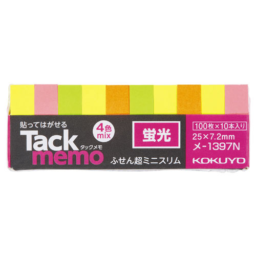 -------------------------------------------------------------- 画像はイメージです。 ※ PC環境により実際の色味や質感と異なって表示される場合がございます。 ※ 部品・パーツなどの一部の商品では本体の商品画像を使用しております。 ※ 製品の仕様・画像・パッケージは、メーカー側から予告なく変更される場合があります。 -------------------------------------------------------------- ■ 入数 / 100枚×10冊■ 色 / 4色混色（緑・ピンク・黄・橙）■ 蛍光色タイプ・ふせんタイプ（超ミニスリムタイプ）■ 紙質 / 色特殊紙（蛍光色）■ ECFパルプ使用■ 小さな本や書類のチェックに使いやすいミニサイズ。■ サイズが豊富な、人気の蛍光色タイプ 【メーカー・ブランド】 KOKUYO / こくよ 【#175】