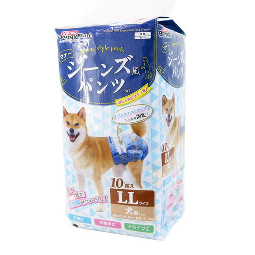 -------------------------------------------------------------- 画像はイメージです。 ※ PC環境により実際の色味や質感と異なって表示される場合がございます。 ※ 部品・パーツなどの一部の商品では本体の商品画像を使用しております。 ※ 製品の仕様・画像・パッケージは、メーカー側から予告なく変更される場合があります。 -------------------------------------------------------------- ジーンズパンツ風のおむつ。ダブルウェストテープでしっかり固定ジーンズ柄デザインダブルウェストテープ(しっかりと固定)4つのモレ防止構造：前後ガード(お腹・背中へのつたいモレを防ぐ)シッポ穴360°吸水帯(穴のスキマからのモレを防ぐ)左右立体ギャザー(横モレを防ぐ)大きめのフリルで後ろ姿もキュート■ 材質/素材表面材：ポリプロピレン/吸水材：綿状パルプ、高分子吸水材/防水材：ポリプロピレン/止着材：面状テープ(ポリプロピレン)/伸縮材：ポリプロピレン、エラストマー/結合材：粘着剤■ 原産国または製造地中華人民共和国■ 適応サイズ(胴囲)胴まわり：40〜58cm■ 適応体重13〜18kg■ 使用方法・サイズ表は目安です。成長度合いや体型などにより個体差がありますので、ゆとりを持ってお使いいただくため、ペットの胴まわり、体重ができるだけ適応サイズの中間となるサイズをお選びください。■ お手入れ方法・開封後はホコリや虫が入り込まないよう封をしっかり閉じ、衛生的に保管してください。・火気の近く・直射日光が当たる所・高温多湿な所を避けて保管してください。・本品は食べられません。幼児やペットが触れない所に保管してください。■ 諸注意・ペットの体調や尿量、使用環境などによっては、機能が十分に発揮できない場合があります。・仕様については、予告なく変更する場合があります。■ その他 詳細適応種：柴犬、ウェルシュコーギー、ビーグルなど 【メーカー・ブランド】 DoggyMan / どぎーまん 【#119】