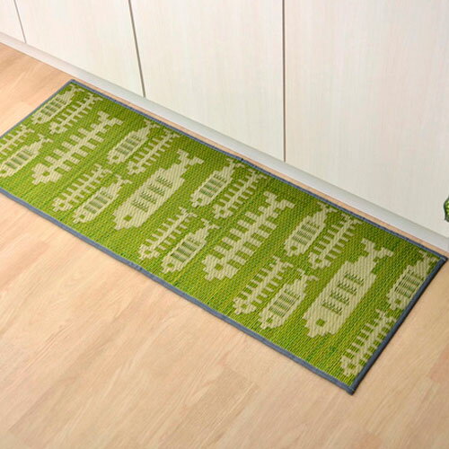 【レビューで1000円OFF】メーカー直送 イケヒコ キッチンマット 240cm 滑りにくい加工 国産い草 シンプル おさかな グリーン 約43×240cm