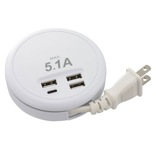 オーム電機 USB ACチャージャー TypeA×3+TypeC 45cm コード巻取式 SMP-U3C51E3-W オーム電機 USB ACチャージャー TypeA×3+TypeC 45cm コード巻取式 SMP-U3C51E3-W