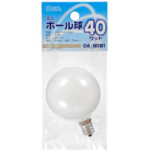 -------------------------------------------------------------- 画像はイメージです。 ※ PC環境により実際の色味や質感と異なって表示される場合がございます。 ※ 部品・パーツなどの一部の商品では本体の商品画像を使用しております。 ※ 製品の仕様・画像・パッケージは、メーカー側から予告なく変更される場合があります。 -------------------------------------------------------------- 【仕様】定格：100/110V-40W形状：G-50口金：E12色：ホワイト直径50×長さ72mm 【メーカー・ブランド】 オーム電機 / おーむでんき / OHM 【#67】