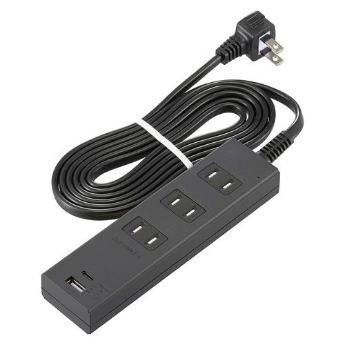 オーム電機 3個口タップ 雷ガード PD対応Type-C/Type-Aポート付き 2m ブラック HS-TKU32PD23-K オーム電機 3個口タップ 雷ガード PD対応Type-C/Type-Aポート付き 2m ブラック HS-TKU32PD23-K