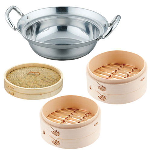 蒸し器セット IH対応 18-0 セイロ用鍋 21cm用 本竹 セイロ 蓋×1 身×2