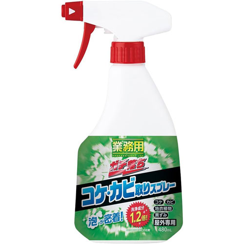 -------------------------------------------------------------- 画像はイメージです。 ※ PC環境により実際の色味や質感と異なって表示される場合がございます。 ※ 部品・パーツなどの一部の商品では本体の商品画像を使用しております。 ※ 製品の仕様・画像・パッケージは、メーカー側から予告なく変更される場合があります。 -------------------------------------------------------------- 泡が密着してコケ・カビを落とす。ヤシの実由来の洗浄成分で作りました。●ベランダ、外壁、玄関、ブロック塀などに発生したコケ・カビ・地衣植物・黒ずみに。●屋外専用。●使える場所…コンクリート、レンガ、タイル、アクリル、御影石、モルタル●使えない場所…金属、瓦(塗装されているもの)、布、漆喰、樹脂、ゴム、その他水洗いできないもの※金属化合物は使用しておりません。※この商品は農薬ではありません。農薬として使用することはできません。■表示成分／全成分塩化ベンザルコニウム、アルキルアミンオキシド、アルキルグリコシド■使用方法用途…外壁、ベランダ、門柱、玄関、タイル、レンガ、墓石などの建造物についたコケやカビ、黒ずみ、地衣植物の洗浄。使用量の目安…洗浄場所が十分湿るまでスプレーする。1本で5〜10平方メートルの面積に使用できる。あらかじめ目立たない所にスプレーし、変色などの異常がないか確認の上使用する。(1)コケや汚れの上に付着している泥などは洗い流す。(2)噴射口の天面を三角のマークにし、コケのついた場所が十分湿るまでスプレーする。コケ以外のカビや黒ずみに使用する場合は、ブラシなどで擦り、水洗いする。(3)強く付着したコケは、何度か繰り返し散布する。厚みのあるコケに使用する場合は、効果が出始めた頃にブラシで取るか、自然に枯れるのを待つ。(4)噴射口の天面を×のマークに合わせ、保管する。※軽いコケであれば1日程度で取れるが、汚れの度合や気象条件により効果が表れる日数は異なる。※雨天時には効果がでにくい場合がある。※本品には漂白効果はない為、カビなどが死滅しても色素が自然に落ちるまで3〜6か月程度の時間がかかる場合がある。【使用上の注意】この説明文は大切に保管し、使用の際にはよくお読みください。この商品は農薬ではない。農作物や庭木、花木等の植物の栽培・管理には使用できない。この商品は屋外専用商品の為、屋内で使用しない。高い所には直接スプレーせず、スポンジ等で液をつける。マスク、手袋、保護メガネを着用して使用し、使用後はよく手を洗う。化学物質に敏感な方やアレルギーのある方は使用しない。液を吸い込まないように注意する。風向きに注意し、風の強い日は使用しない。また狭い空間で使用しない。液が植物にかかると枯れることがあるので、かからないよう注意する。他の洗剤との併用は避ける。魚毒性があるので、金魚鉢、水槽、河川、池等にかからないよう注意する。用途以外に使用しない。高温多湿の場所、直射日光に当たる場所を避け、子供の手の届かない冷暗所で保管する。［応急処置］使用中、気分が悪くなったり体調に異常がみられる時は、すぐ使用を中止しその場から離れる。目に入った場合はこすらず直ちに流水で洗い流す。飲み込んだ場合は無理に吐かせず多量の水、牛乳を飲ませる。いずれの場合も速やかに医師の診断を受ける。皮膚や衣服に付いた場合は、直ちに多量の水で洗い流し、異常があれば医師の診断を受ける。■原産国日本 【#194】　