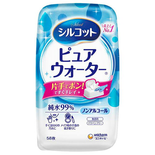 -------------------------------------------------------------- 画像はイメージです。 ※ PC環境により実際の色味や質感と異なって表示される場合がございます。 ※ 部品・パーツなどの一部の商品では本体の商品画像を使用しております。 ※ 製品の仕様・画像・パッケージは、メーカー側から予告なく変更される場合があります。 -------------------------------------------------------------- 片手でポン、ですぐキレイ！ ●ワンプッシュでフタが開いて、片手でシートが取り出せるから、身の回りを手早くキレイにできるウェットティッシュです。●純水99％、ノンアルコール、無香料。■表示成分/全成分水、PG、安息香酸、ポリアミノプロピルビグアニド、ブチルカルバミン酸ヨウ化プロピニル、ベンザルコニウムクロリド、EDTA-2Na、(C12-14)パレス-12■素材基布素材…レーヨン、ポリエステル、ポリオレフィン容器…PP、PE内装…PE、PETラベル…PP■原産国日本 【使用方法】初めてお使いになるときは、容器の底ブタをはずし、中の袋のシールをはがして容器に入れてください。【使用上の注意】目および傷口・粘膜には使用しないでください。お肌に異常があるときや、お肌に合わない場合は、ご使用を中止してください。小さなお子様の手の届くところ・直射日光や高温になる場所は避けて保管してください。ご使用になる製品にお手入れ方法の指定がある場合はそれに従ってください。このシートはトイレには流さないでください。ご使用後は中身の乾燥を防ぐためフタをきちんと閉めてください。容器は常に清潔に保ち、きれいな手でつめかえてください。シルコットウェットティッシュのつめかえ用をご使用ください。 【メーカー・ブランド】 unicharm / ゆにちゃーむ 【#194】　