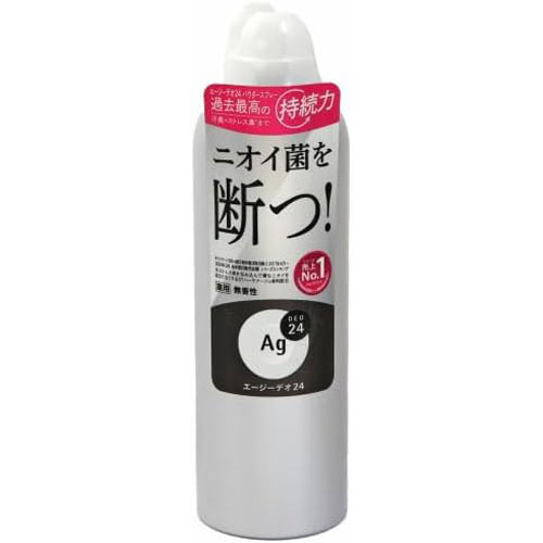 -------------------------------------------------------------- 画像はイメージです。 ※ PC環境により実際の色味や質感と異なって表示される場合がございます。 ※ 部品・パーツなどの一部の商品では本体の商品画像を使用しております。 ※ 製品の仕様・画像・パッケージは、メーカー側から予告なく変更される場合があります。 -------------------------------------------------------------- エージーデオ24、過去最高の持続力！ニオイ菌を断つ！無香デオドラントスプレー ●24時間、肌快適ケア。●いつでもどこでもずーっと快適な肌を願う人へ。●デオドラントスプレー。汗臭対応。ストレス臭ケア。汗・皮脂対応。高密着処方。●ストレス臭を包み込んで嫌なニオイを目立たなくするSTハーモナージュ香料配合。●LL、無香性。(販売名…パウダースプレー fA(NF))■表示成分/全成分有効成分…イソプロピルメチルフェノールSP複合体、クロルヒドロキシアルミニウム、酸化亜鉛その他の成分…液化石油ガス、デカメチルテトラシロキサン、パルミチン酸2-エチルヘキシル、メチルフェニルポリシロキサン、タルク、ポリオキシエチレン・メチルポリシロキサン共重合体、ステアリン酸カルシウム、合成ケイ酸ナトリウム・マグネシウム、濃グリセリン、無水ケイ酸、アパサイダーC、ヒアルロン酸ナトリウム(2)、香料■使用方法ご使用前に缶を横にして左右に強く4〜5回振ってください。衣服を着る前に、肌から10cm以上はなして円を描くようにスプレーしてください。1カ所につき3秒未満にとどめてください。乾いてから衣服を着てください。逆さまにしても使えます。■使用上の注意凍傷の危険がありますので、同じ箇所に連続して3秒以上スプレーしないでください。顔、粘膜、傷口、除毛直後にはお使いにならないでください。吸入しないようにご注意ください。缶がさびると破裂の原因になりますので、湿気の多いところに置かないでください。乳幼児の手の届かないところに置いてください。用途外使用は絶対におやめください。故意に吸入すると窒息など致命的な結果をまねくおそれがあります。［火気と高温に注意］高圧ガスを使用した可燃性の製品であり、危険なため、下記の注意を守ること。(1)炎や火気の近くで使用しないこと。(2)火気を使用している室内で大量に使用しないこと。(3)高温にすると破裂の危険があるため、直射日光の当たる所や ストーブ、ファンヒーターの近くなど温度が40度以上となる所に置かないこと。(4)火の中に入れないこと。(5)使い切って捨てること。高圧ガス…LPG■原産国日本 【発売元、製造元、輸入元又は販売元】ファイントゥデイ 商品区分：医薬部外品広告文責：ナチュラルウェブ株式会社TEL：03-6423-0750※パッケージ・内容等予告なく変更する場合がございます。 【#194】　