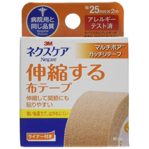 -------------------------------------------------------------- 画像はイメージです。 ※ PC環境により実際の色味や質感と異なって表示される場合がございます。 ※ 部品・パーツなどの一部の商品では本体の商品画像を使用しております。 ※ 製品の仕様・画像・パッケージは、メーカー側から予告なく変更される場合があります。 -------------------------------------------------------------- 伸縮する布製のテープで、ガッチリ粘着の25mmタイプ強い粘着力で剥がれにくくのり残しも少ないテープです。関節部でもよく伸びて動きにフィット、曲げてもズレにくいのでスポーツのテーピングや靴ズレ防止にも使えます。■使用上の注意・傷口や異常のある皮膚に直接貼らないで下さい ・粘着製品により、皮膚トラブルを起こしやすい方は事前に医師又は薬剤師にご相談下さい ・貼る前に皮膚を清潔にしよく乾かして下さい ・テープや皮膚をひっぱらずに貼り、上からおさえて下さい ・固定力が必要な用途では十分に注意してお使い下さい ・本品の使用により発疹、発赤、かゆみなどの症状が現れた場合には使用を中止し医師または薬剤師に相談して下さい ・剥がす時に皮膚を傷めないようテープを折り返し、皮膚が持ち上がらないように手で押さえながら体毛の方向に逆らわずにゆっくりはがして下さい■原産国日本 【メーカー・ブランド】 住友スリーエム / すりーえむ / 3M 【#194】　
