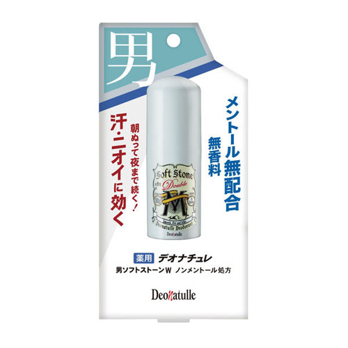 -------------------------------------------------------------- 画像はイメージです。 ※ PC環境により実際の色味や質感と異なって表示される場合がございます。 ※ 部品・パーツなどの一部の商品では本体の商品画像を使用しております。 ※ 製品の仕様・画像・パッケージは、メーカー側から予告なく変更される場合があります。 -------------------------------------------------------------- 手軽にサッとぬれるスティックタイプの制汗剤、ノンメントール処方 ●男性制汗剤特有のひんやり感・香り(※1)が苦手な方へ。●「男の汗とニオイに効く、防臭力の男デオナチュレ」シリーズから、生まれた「薬用デオナチュレ男ソフトストーンWノンメントール処方」●7年連続売上No.1(※2)男ソフトストーンWの効果はそのまま。●メントールも香料も無配合。●ひんやりしない。(※1)制汗デオドラント。●有効成分「焼ミョウバン」がニオイを元から防ぎ、汗を抑える。●ベタつき防止成分配合でさらさら快適。(※3・4)●有効成分イソプロピルメチルフェノール配合。ニオイの原因菌を殺菌。●成分がしっかり密着し、朝ぬって夜まで続く。●乾かす手間不要。ベタつき・白残りしにくい。●こんな方に…汗がニオってないか不安、ワキガかもしれないと感じる、汗のニオイを気にせず1日を過ごしたい、メントール無配合のため、ひんやりしない使用感(※1)※1…薬用デオナチュレ男ソフトストーンW(販売名DN薬用スティックMe)のひんやり感と比較。※2…インテージSRI+男性制汗剤市場(2017年5月〜2024年4月) 男ソフトストーンW(販売名DN薬用デオドラントスティックMc(リニューアル前処方)・DN薬用スティックMe)累計販売金額※3…低温焼成酸化Zn(基剤)※4…酸化Zn(基剤)■表示成分/全成分有効成分…焼ミョウバン、イソプロピルメチルフェノールその他成分…シクロペンタシロキサン、ステアリルアルコール、POPブチルエーテルー1、セスキイソステアリン酸ソルビタン、水添ヒマシ油、メンチルグリセリルエーテル、セリサイト、ヒドロキシアパタイト、低温焼成酸化Zn、酸化Zn、天然ビタミンE、ワレモコウエキス■使用方法乾いた清潔なワキなどに適量をムラなく塗布する。【使用上の注意】使用後はキャップをしっかり閉め、直射日光や高温多湿を避けて保管してください。乳幼児の手の届かないところに置いてください。衣類などにつかないようご注意ください。顔・粘膜を避け、除脱毛直後や肌に異常があるときは使用しないでください。肌に異常が生じていないかよく注意してご使用ください。お肌に合わないとき、使用中に赤み、はれ、かゆみ、刺激、色抜け(白斑等)や黒ずみ等の異常があらわれたときは、使用を中止し、皮フ科専門医等にご相談ください。■原産国日本 【発売元、製造元、輸入元又は販売元】シービック 商品区分：医薬部外品広告文責：ナチュラルウェブ株式会社TEL：03-6423-0750※パッケージ・内容等予告なく変更する場合がございます。 【#194】　