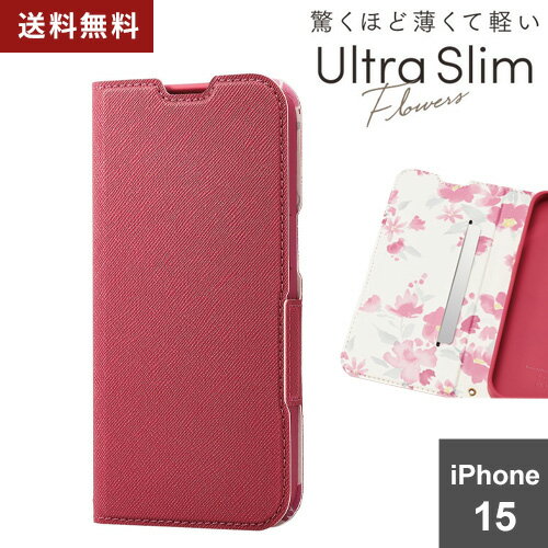 乐天商城 - ポスト投函 iPhone 15 用 ケース レザー カバー 手帳型 マグネット フラップ 衝撃吸収 超軽量 薄型 スタンド機能付 花柄 UltraSlim ディープピンク