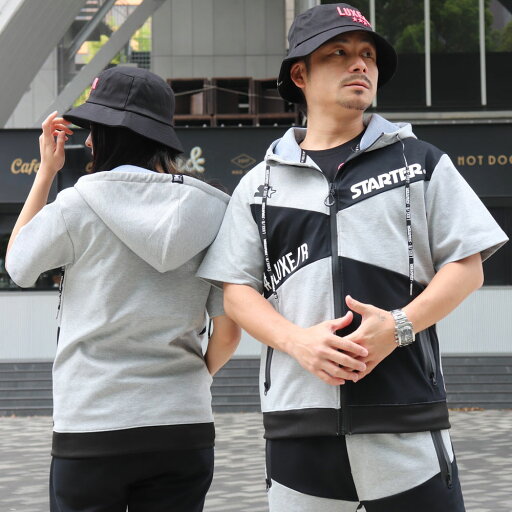 パーカー ジップアップ 半袖 メンズ レディース 男女兼用 切り替え ストレッチ ジャージ素材 スターター ラグジュ コラボ ダブルネーム 2023夏 セットアップ可能 大きいサイズ