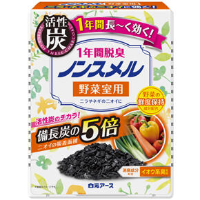 【商品特徴】 ●脱臭効果は1年間。 ●活性炭・竹炭・備長炭の炭の力で、野菜室内の気になるニオイを強力脱臭。 ●ニラやネギのニオイに対応する消臭粒を配合。 ●全方位脱臭方式のおしゃれなケース。 【用途】 ●野菜室用（約140Lまで） 【有効期間】 ●開封後約1年（使用状況により異なります） 成分 ●ヤシガラ活性炭 ●備長炭 ●竹炭 ●パラジウム触媒 ●両性界面活性剤 【ご注意】 ※パッケージデザイン等が予告なく変更される場合もあります。 ※商品廃番・メーカー欠品など諸事情によりお届けできない場合がございます。 販売元：白元アース株式会社 商品に関するお問い合わせ先 電話：03-5681-7691 受付時間／月曜〜金曜（祝祭日を除く午前9:00〜午後5:00） 広告文責：有限会社シンエイ 電話：077-545-7302