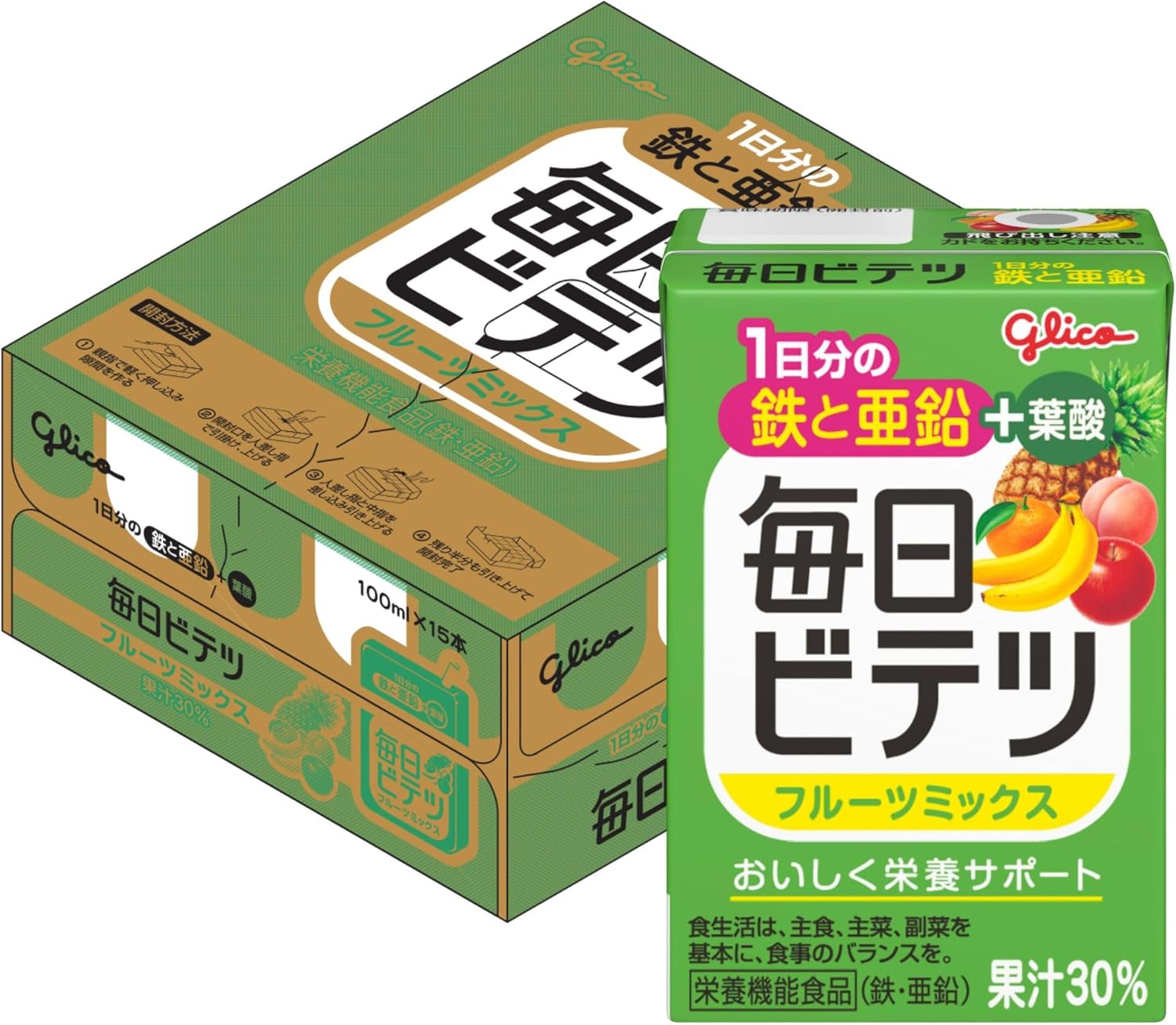 【合算3300円以上で注文可能】江崎グリコ 毎日ビテツ フルーツミックス 100ml×15本入
