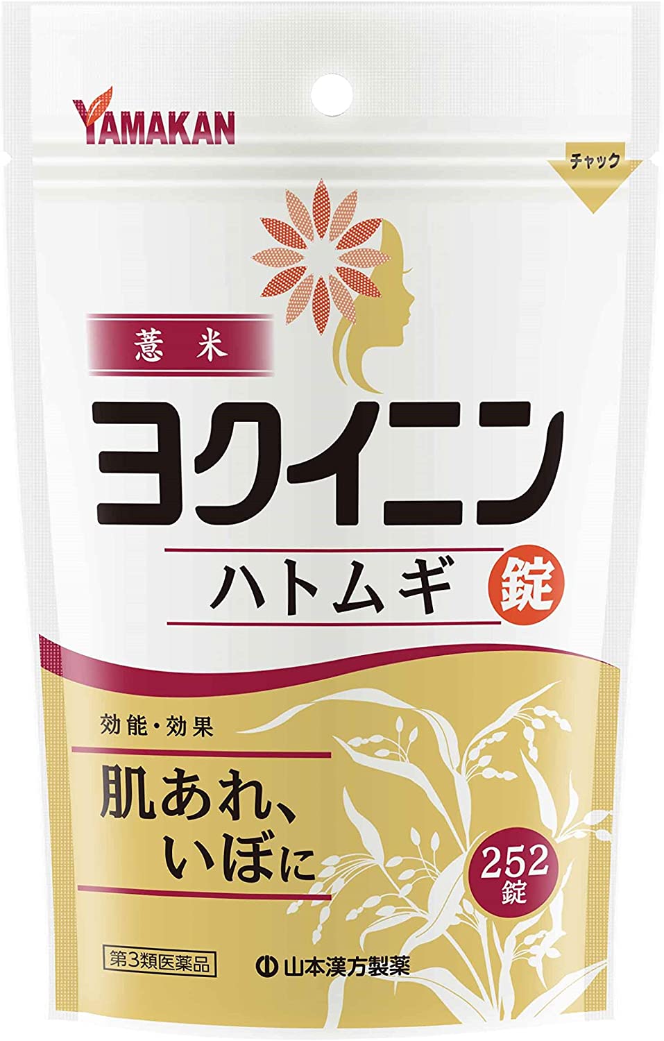 ●製品の特徴 本品は「いぼ，皮膚のあれ」に効果があるヨクイニン末を服用しやすい錠剤としたものです。 生薬のヨクイニン末は固めにくく，やわらかい錠剤となっています。 ●使用上の注意 ■相談すること 1．次の人は服用前に医師，薬剤師又は登録販売者に相談してください 　（1）医師の治療を受けている人。 　（2）妊婦又は妊娠していると思われる人。 　（3）薬などによりアレルギー症状を起こしたことがある人。 2．服用後，次の症状があらわれた場合は副作用の可能性があるので，直ちに服用を中止し，この文書を持って医師，薬剤師又は登録販売者に相談してください ［関係部位：症状］ 皮膚：発疹・発赤，かゆみ 消化器：胃部不快感 3．服用後，次の症状があらわれることがあるので，このような症状の持続又は増強が見られた場合には，服用を中止し，この文書を持って医師，薬剤師又は登録販売者に相談してください 　下痢 4．1ヵ月位服用しても症状がよくならない場合は服用を中止し，この文書を持って医師，薬剤師又は登録販売者に相談してください ●効能・効果 いぼ，皮膚のあれ ●用法・用量 次の量を1日3回，食前又は食間に水または白湯で服用してください ［年齢：1回量：1日服用回数］ 成人（15歳以上）：6錠：3回 11歳以上15歳未満：4錠：3回 8歳以上11歳未満：3錠：3回 5歳以上8歳未満：2錠：3回 5歳未満：服用しないでください ●用法関連注意 小児に服用させる場合には，保護者の指導監督のもとに服用させてください。 成分分量18錠中 成分分量内訳 ヨクイニン末3000mg ヨクイニンエキス231mg（よく苡仁3g） 添加物 部分アルファー化デンプン，結晶セルロース，含水二酸化ケイ素，メタケイ酸アルミン酸マグネシウム，ステアリン酸マグネシウム ●保管及び取扱い上の注意 （1）直射日光の当たらない湿気の少ない涼しい所に密栓して保管してください。 （2）小児の手の届かない所に保管してください。 （3）他の容器に入れ替えないでください。（誤用の原因になったり品質が変わることがあります。） （4）服用のつどビンのふたはしっかり閉めてください。 （5）使用期限を過ぎたものは服用しないこと。 消費者相談窓口 会社名：山本漢方製薬株式会社 住所：〒485-0035　愛知県小牧市多気東町156番地 問い合わせ先：お客様相談窓口 電話：0568-73-3131 受付時間：9：00〜17：00（土，日，祝日は除く） 製造販売会社山本漢方製薬（株） 会社名：山本漢方製薬株式会社 住所：愛知県小牧市多気東町156番地 剤形錠剤 リスク区分 第3類医薬品 広告文責：有限会社シンエイ 電話：077-545-7302
