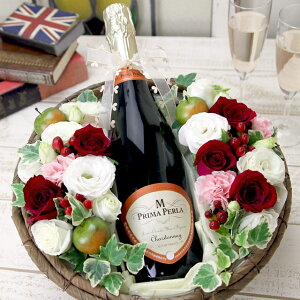 ワインフラワー花とスパークリングワインのセットギフト 誕生日 結婚祝い 記念日 あす楽 プレミアム・ブランドプリマ・ペルラブラン・ド・ブランシャルドネブリュット卒業 入学祝にも！