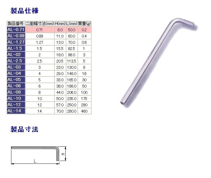■商品概要ヘキサゴンレンチ■詳細説明高トルク、耐久力、耐摩耗を高める特殊合金鋼を採用。　高度な熱処理と硬質クロムメッキ処理により、六角部の摩耗を防ぎ高強度でありながら靱性(破断しにくい)を高め、確実な作業と安全性が向上しました。■備考【注意】●六角穴サイズに合ったものを使用してください。※写真は実際の製品と異なる場合があります。また、製品の仕様は予告なく変更する場合があります。※サムネイルをクリックし、詳細画像で品番とサイズをご確認の上ご購入ください。■商品番号AL02■JANコード4953488186468