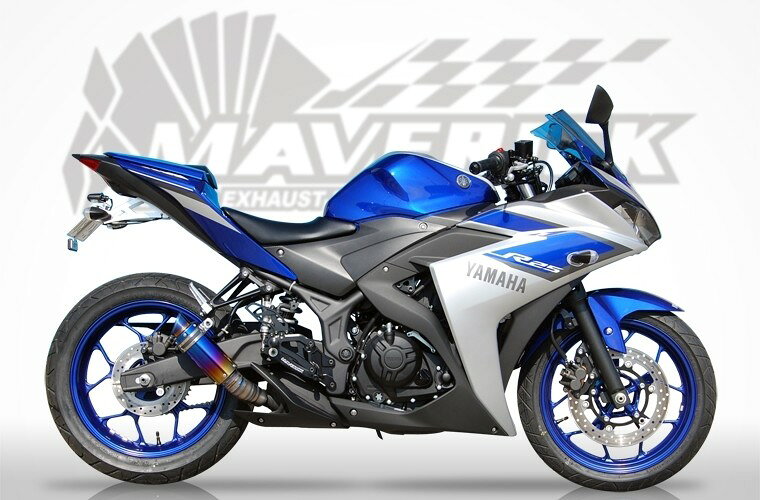 ■商品概要【仕様】チタンジョイントパイプ+Mv1グラデーションチタンサイレンサー重量：0.85Kg加速78db/近接93db車両型式：JBK-RG10J、エンジン型式：G401Eに適合自動車排ガス試験結果証明書不要平成18・19年排出ガス規制および平成22年騒音規制適合政府認証品・オイル交換：〇・オイルフィルター交換：〇・純正ステップ：〇■詳細説明MAVERICKサイレンサーの中でも、人気NO.1のMv1サイレンサーをYZF-R25専用にリメイク！サイレンサーにダイレクトに溶接されるジョイントパイプはMAVERICKのアイデンティティ、輪切りチタンパイプを丁寧に溶接したショートタイプを採用し、ワークスイメージを強調。Mv1サイレンサーの耳障りの良いサウンドとともによりアグレッシヴな雰囲気を醸し出します。スリップオンに換装することで動力性能のみならず、1Kgに満たない重量(純正比30％)はYZF-R25の高い運動性能を一層向上させました。ストリートでも安心の政府認証モデルとなります。■注意点【JMCA未認証】※JMCA未認証のマフラーは車検・公道走行に適さない場合がございます。※取付画像はイメージです。※メーカー都合により商品の仕様変更がある場合がございます。ご了承ください。■適合車種YZF-R25&ensp;YZF-R25 年式: 15-17YZF-R3&ensp;YZF-R3