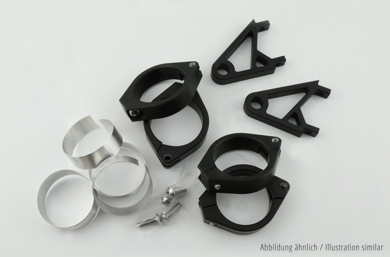 ■商品概要【メーカー品番】220-816408サイズ：42-43mmカラー：ブラック■詳細説明HIGHSIDER CNC Alu Lamp Holder Set XSThe CNC milled aluminium holders are attached to the clamps sothatthey can be adjusted to the headlight width． The mountingforindicator mounting is suitable for threaded bolts up to sizeM10．The diameter can be reduced with the enclosed insert strips．Choosethe desired color and size．Precisely matched the extensive accessories from HIGHSIDERisperfectly tailored to your motorcycle． With a maximum ofqualityand functionality you can easily design your bike accordingto yourwishes．Dimensions:Length， holder: 48 mm (fixing screw in the clamp -headlightfixing)Total length: 65 mmDistance between indicator fixing and fixing screw Clamp: approx．20mm (measured in each case from hole centre to hole centre)Scope of supply: 1 set- 4x clamps- 2x holder- Reducing strips■注意点※輸入品のため、説明書が付属する場合、外国語の説明書となります。※メーカー都合により商品の仕様変更がある場合がございます。ご了承ください。　※画像はイメージです。