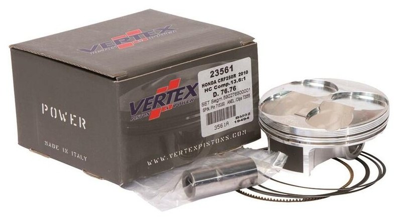 ■商品概要【メーカー品番】24455CPiston type：ForgedDiameterΦ(mm)：78．98Piston compression：Standard■詳細説明The well known Vertex brand has developed his new range ofpistons'Racer’s choice' thanks to his collaboration with the betterworldteam， in order to bring them performance and reliability． Thedrawand shape of the cap is optimized to improve the fire frontandgetting a better compression ratio．Piston cap shape and design optimized to improve the fire frontandgetting a higher compression ratioTreatment limits frictionsSome reinforcements make the piston structure stronger whichlimitsthe cap deformationShort and chamfered pin with a DLC treatment (DiamondLikeCarbon)Clip with outside nose to avoid any rotation at high enginerateVery thin 'GNH' ring produced in high resistant steel■注意点※輸入品のため、説明書が付属する場合、外国語の説明書となります。※メーカー都合により商品の仕様変更がある場合がございます。ご了承ください。　※画像はイメージです。■適合車種CRF 250 R&ensp;CRF 250 R 年式: 20-21&ensp;&ensp;備考: ME12CRF 250 RX ENDURO&ensp;CRF 250 RX ENDURO 年式: 20-21