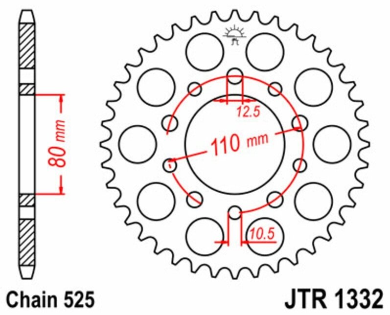 JT SPROCKETS JTץå Steel Standard Rear Sprocket 1332 - 525 CB 450 DX CB 500 CB 500 CRF 450 R AMERICA 865 AMERICA 865 EFI SPEEDMASTER 800 SPEEDMASTER 865 SPEEDMASTER 865 EFI