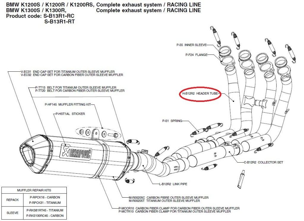 AKRAPOVIC アクラポビッチ 【リペアパーツ】H-B12R2 header tube K1200R K1200S K1300R K1300S BMW エキゾーストパイプ マフラー